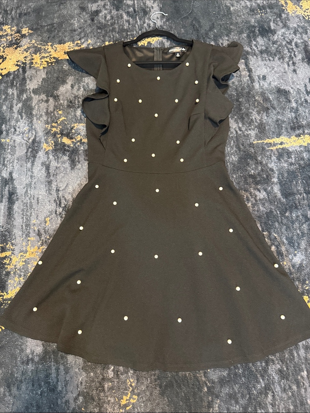 Pearl-Accent Black Midi Dress with Ruffle Sleeves